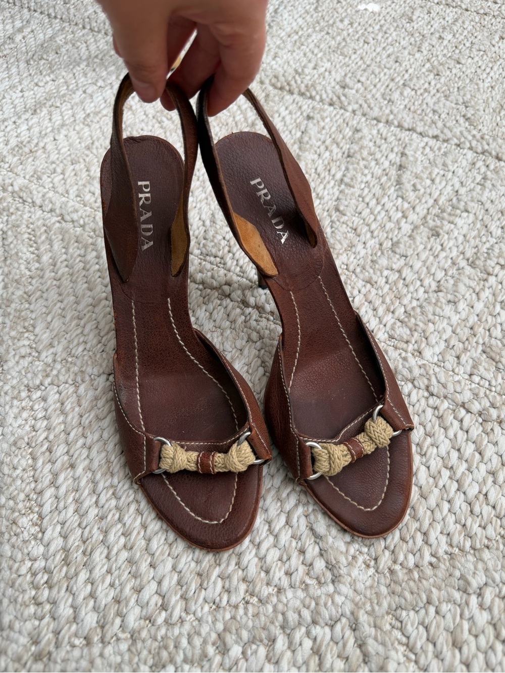 Authentic Vintage PRADA Brown Leather Slingback Sandals with Twine Accent US 9.5